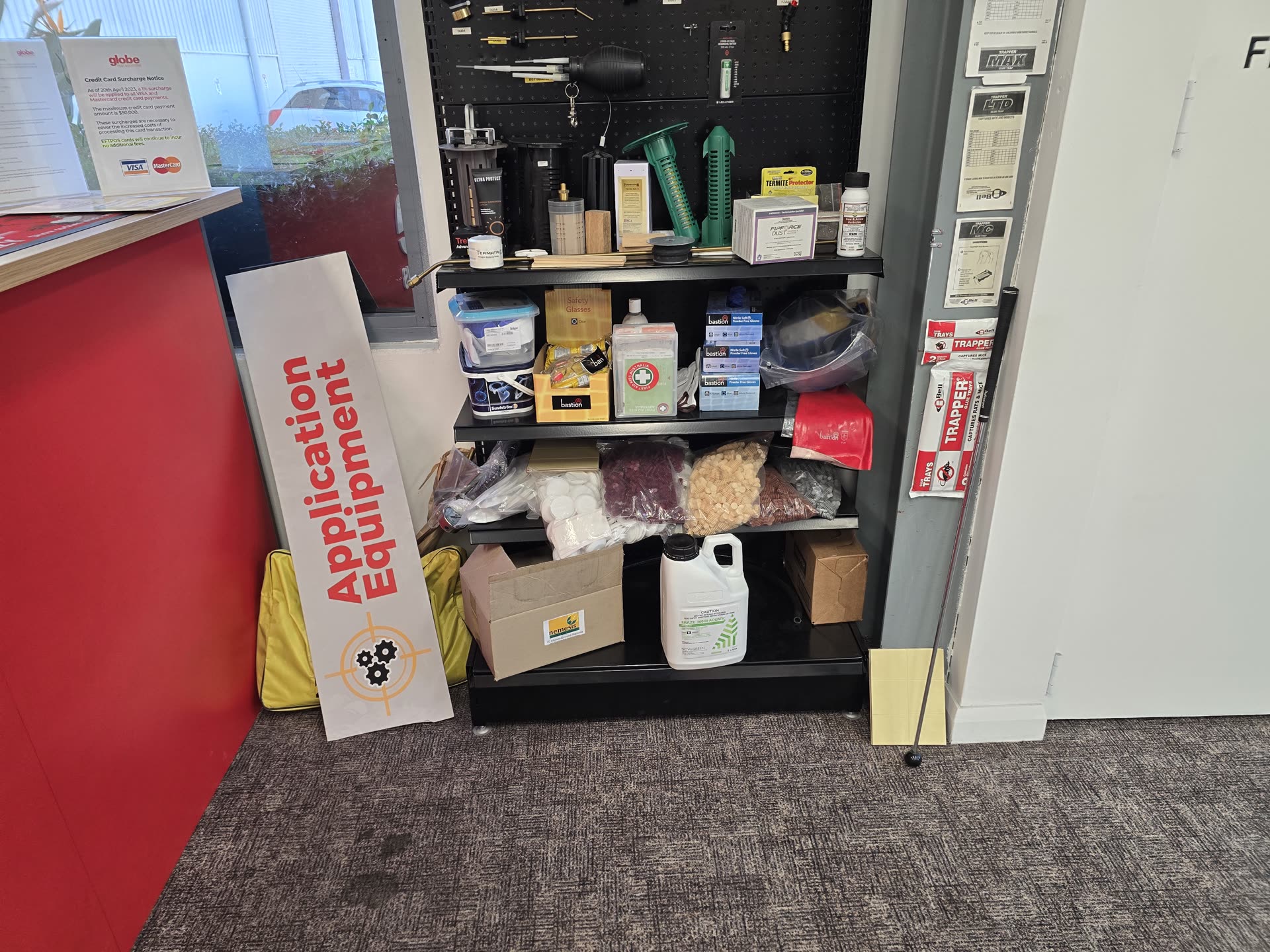 Application equipment cabinet and glue trap boxes