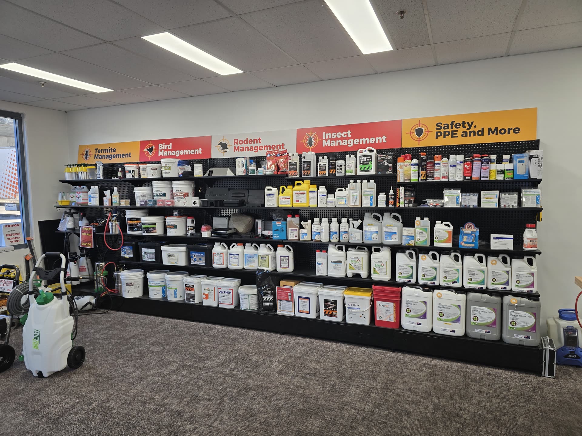 Retail shelving with termite, bird, rodent and insect product categories