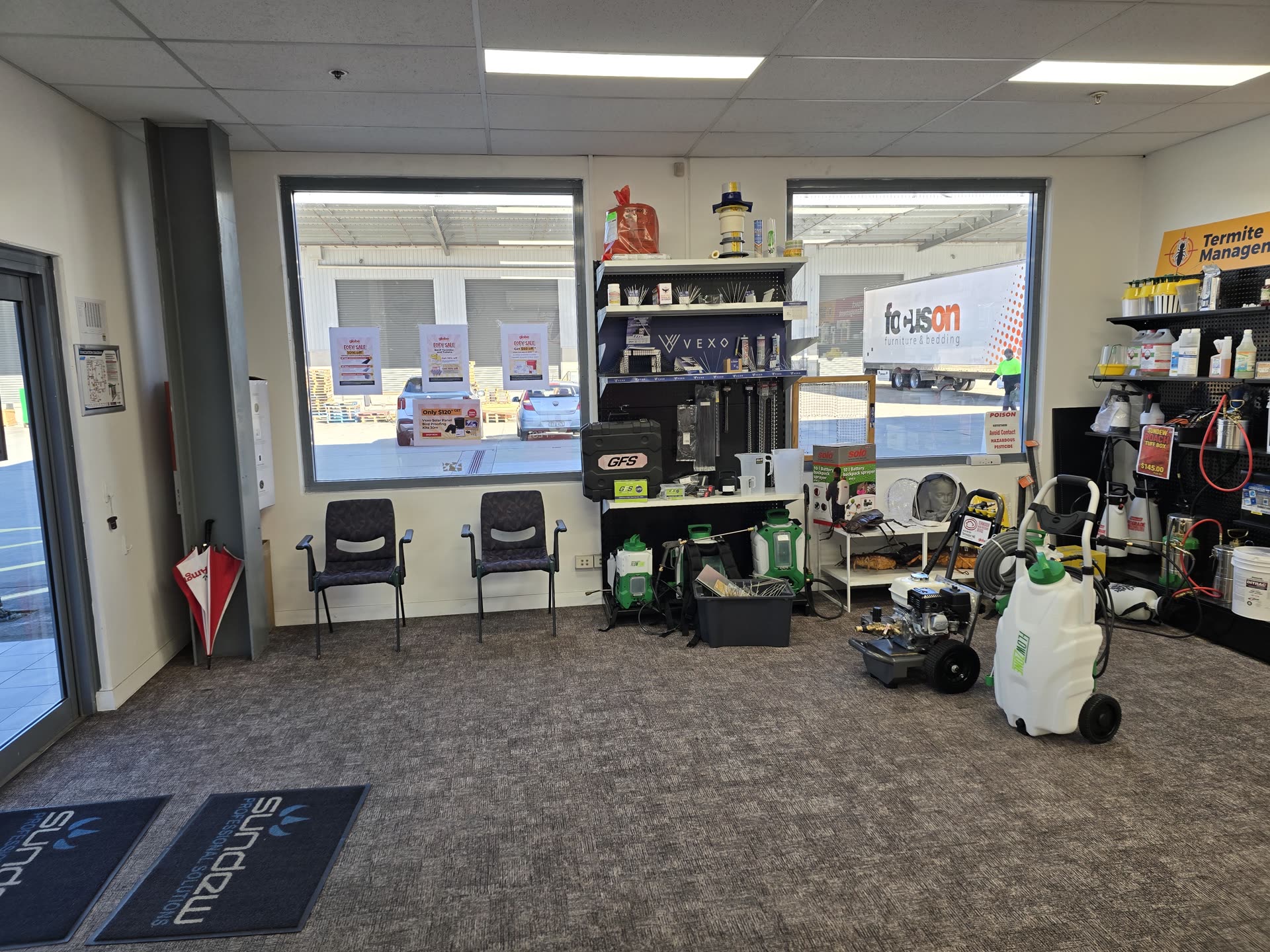Waiting area and spray equipment display